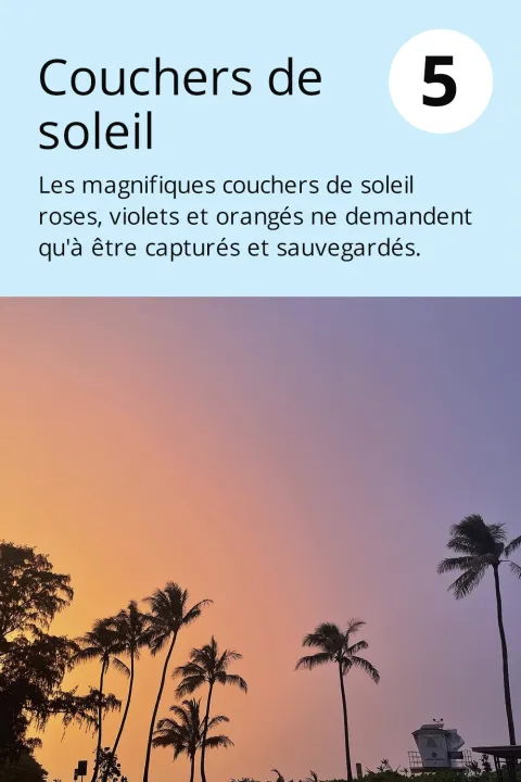 5) Couchers de soleil  Les magnifiques couchers de soleil roses, violets et orangés ne demandent qu'à être capturés et sauvegardés.